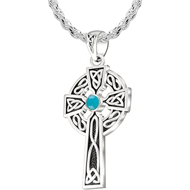 Men's Sterling Silver Celtic Knot Cross Blue Topaz Birthstone Pendant Necklace